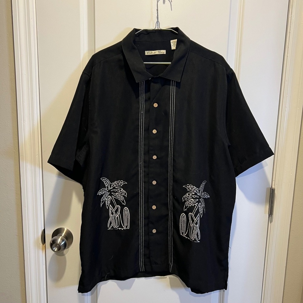 Batik Bay Black Short Sleeve Button Up Shirt‎ Tropical Palm Tree Surfboard Men L